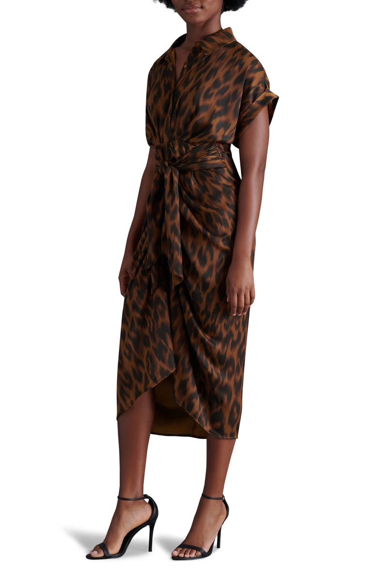 Steve Madden Tori Leopard Print Washed Satin Shirtdress, Alternate, color, Toffee