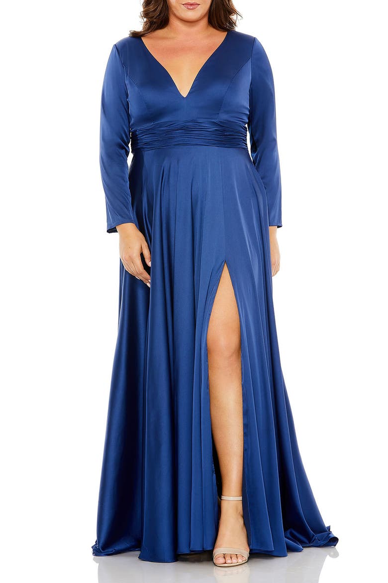 Quarter Sleeve Satin V Neck A Line Gown, Main, color, MIDNIGHT