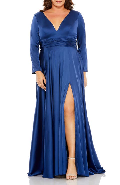 Quarter Sleeve Satin V Neck A Line Gown