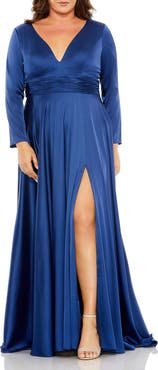 FABULOUSS BY MAC DUGGAL Quarter Sleeve Satin V Neck A Line Gown