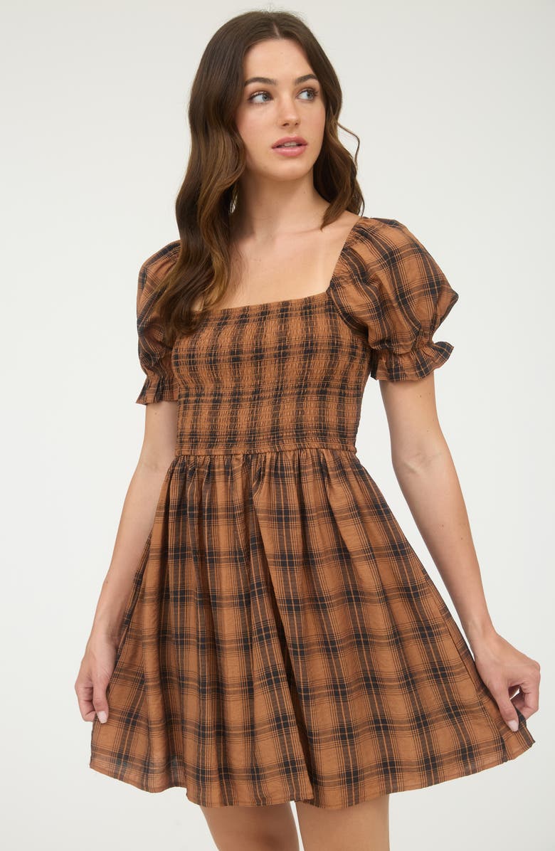 Blu Pepper Plaid Puff Sleeve Smocked Fit & Flare Minidress, Alternate, color, Brown Multi