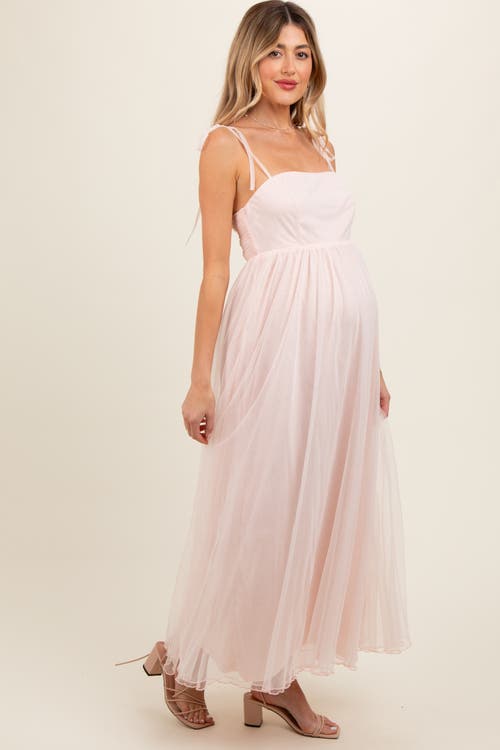 Pinkblush Square Neck Shoulder Tie Tulle Maxi Dress In Pink