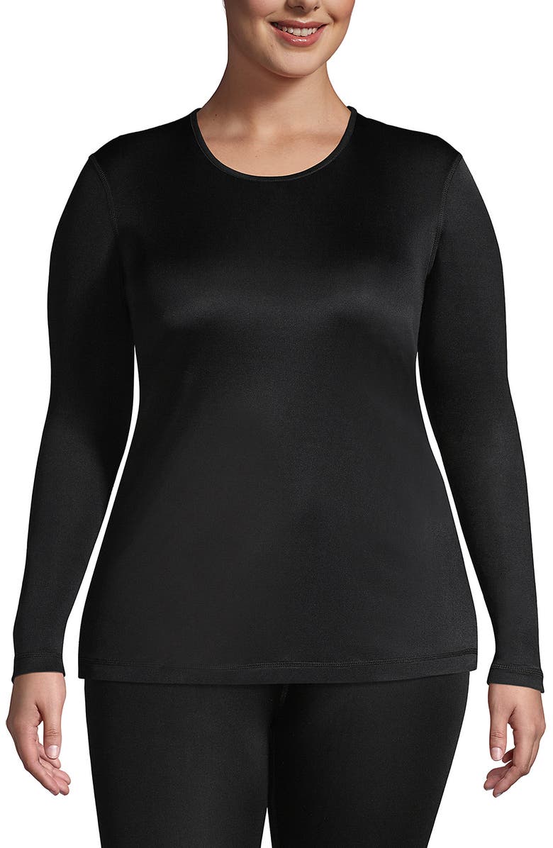 Lands' End Silk Interlock Long Sleeve Crewneck Long Underwear Top, Main, color, Black