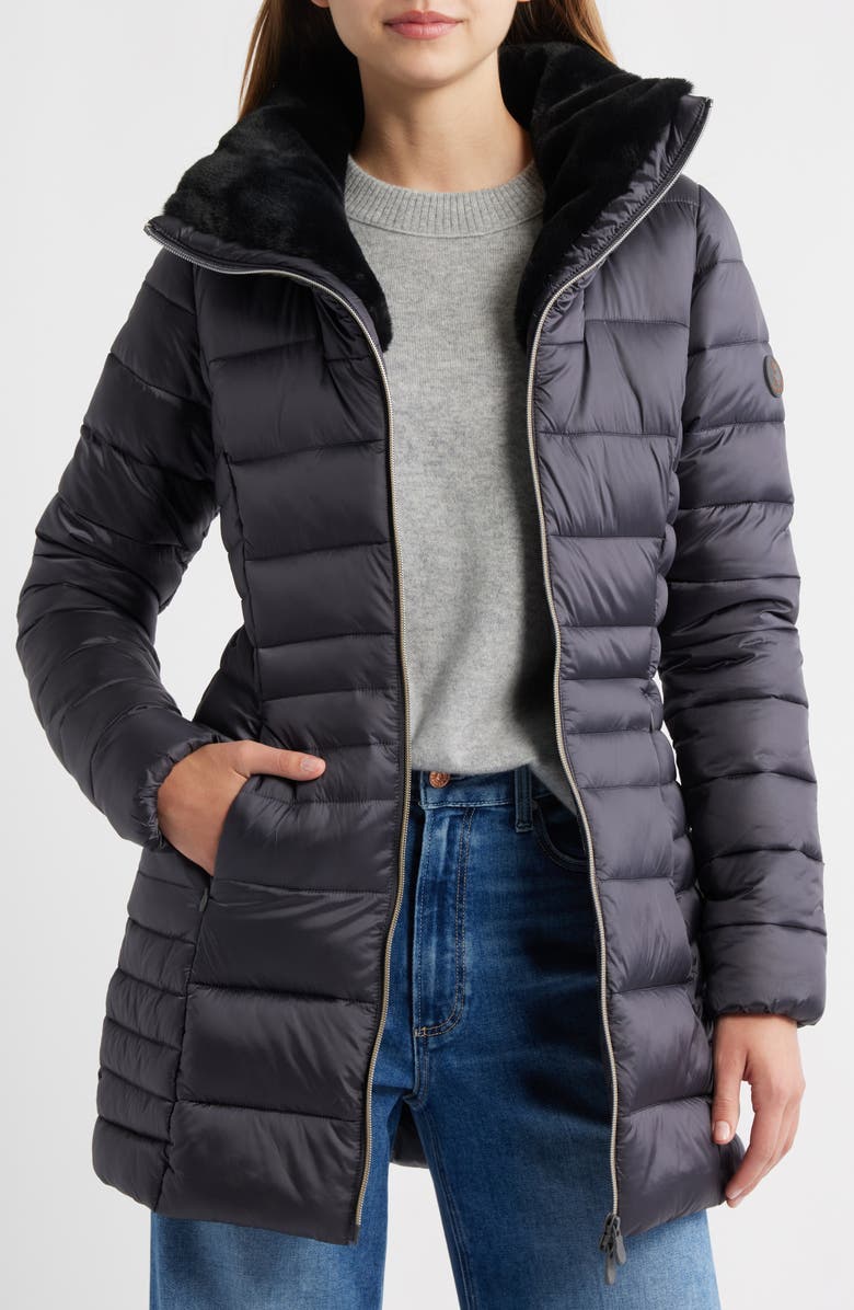 Save The Duck Caroline Water Repellent Satin Puffer Jacket, Alternate, color, Ebony Grey