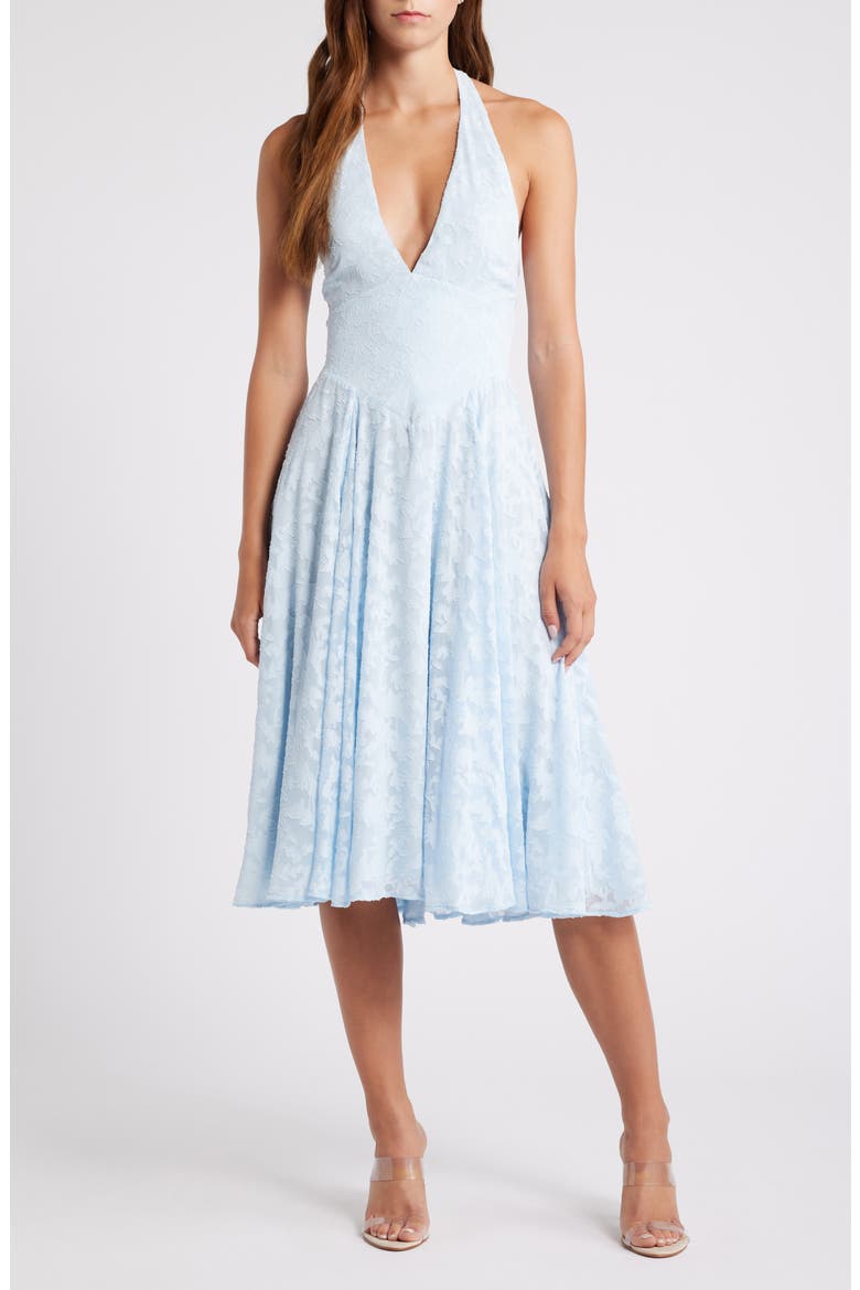 Arietta Floral Jacquard Plunge Halter Neck Dress, Alternate, color, ICE WATER