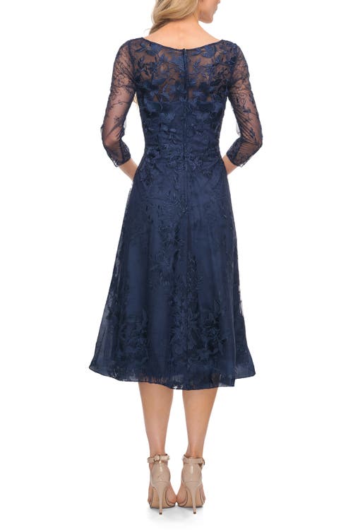 La Femme Stylish Tea Length Mother Of The Bride Dress With Sleeves In Navy