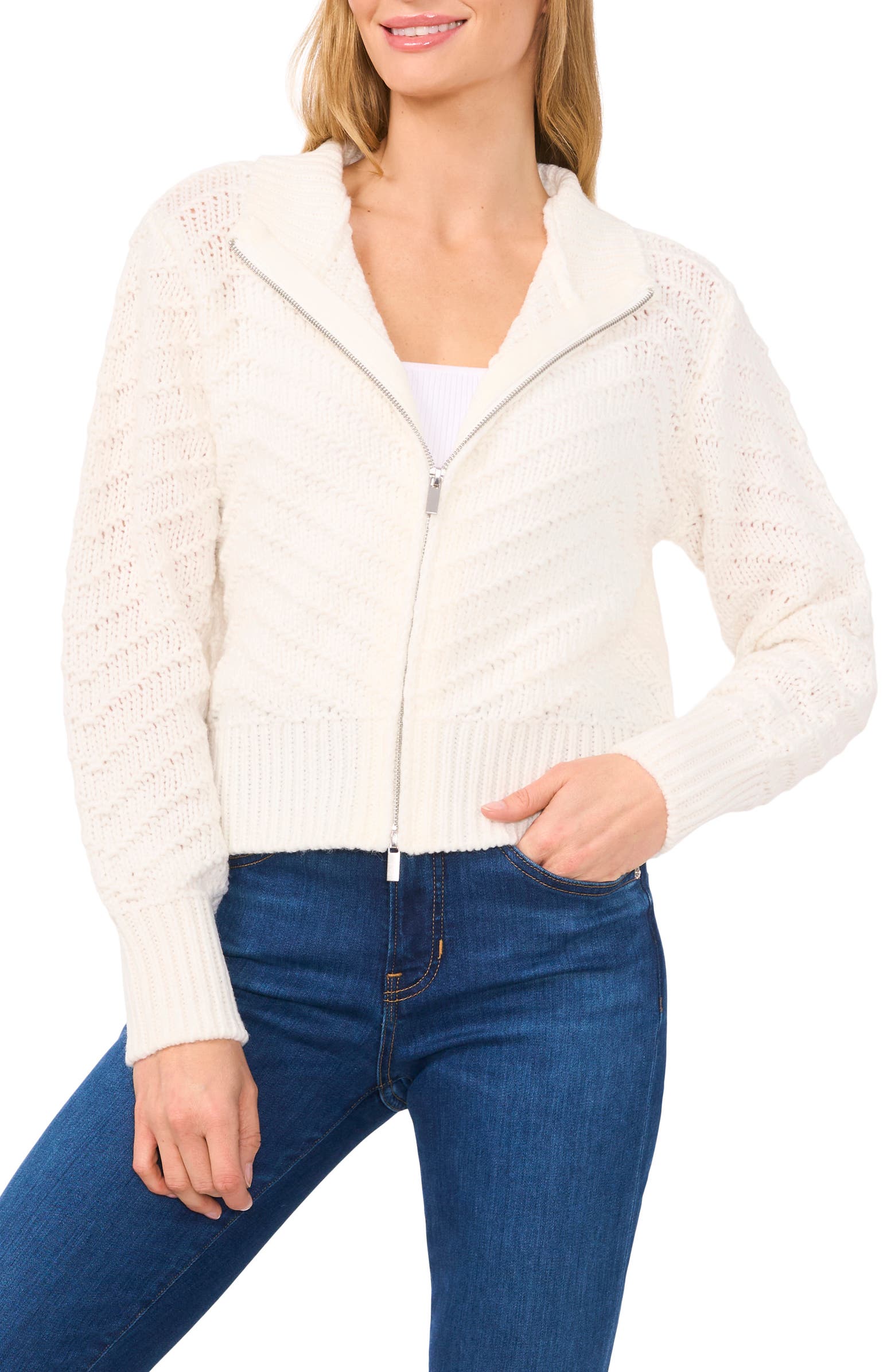 CeCe Texture Stitch Zip Cardigan | Nordstromrack