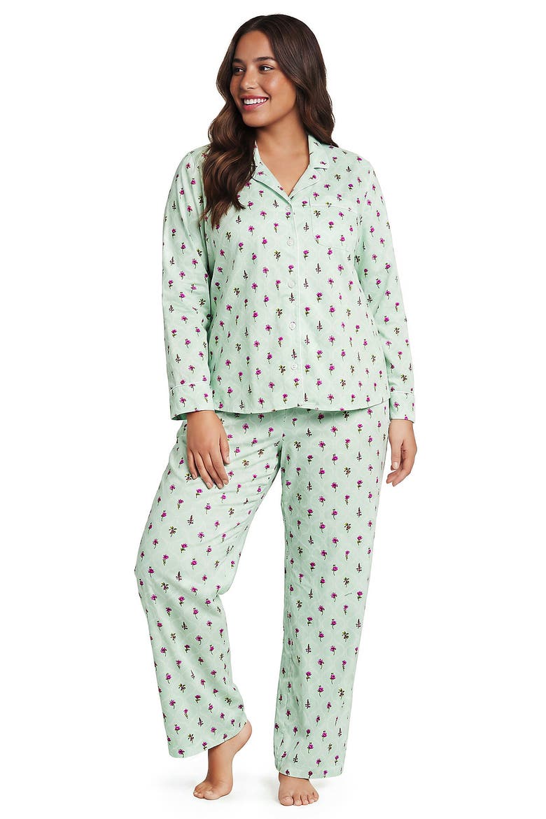 Plus Size Cotton Poplin 2 Piece Pajama Set - Long Sleeve Top and Pants, Main, color, Celery Floral Stems