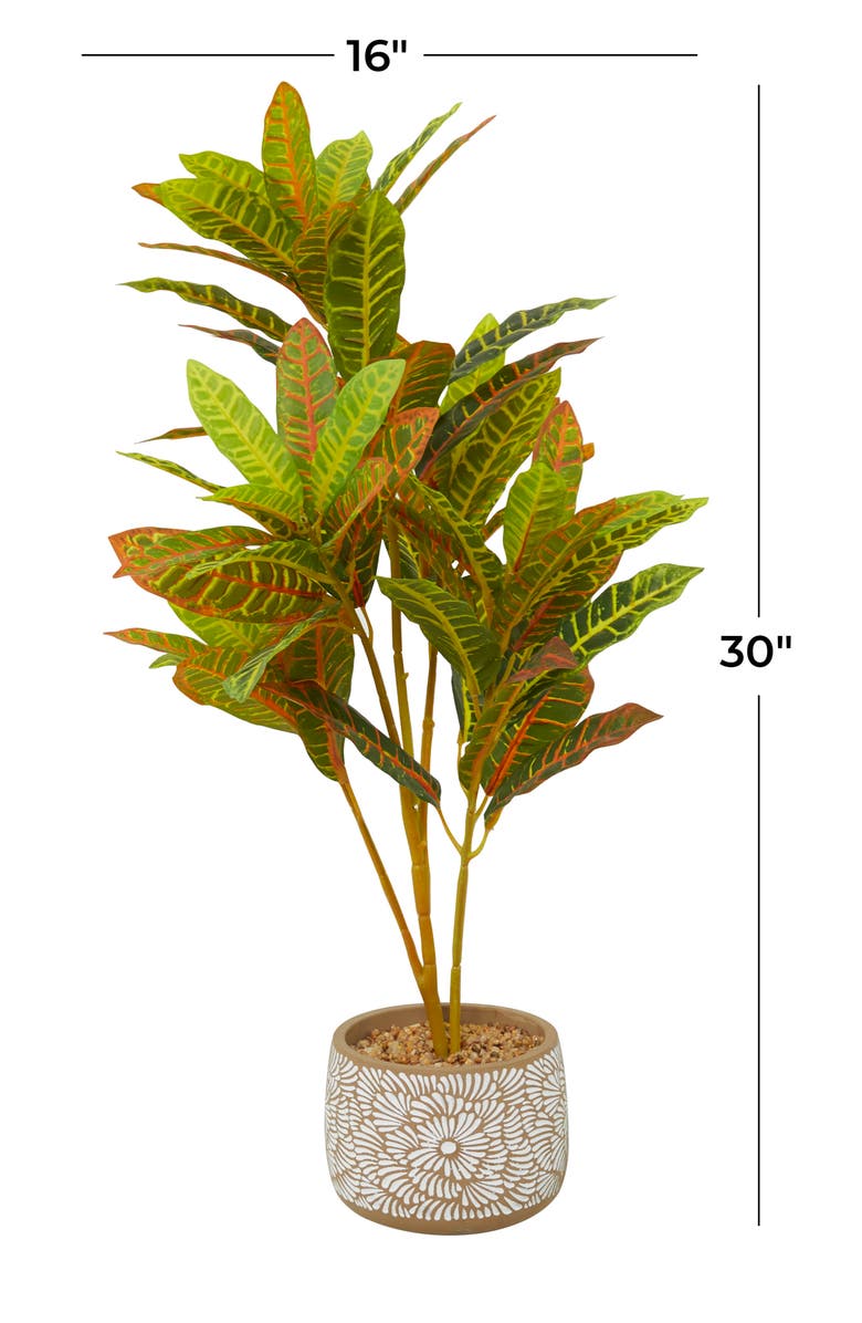 GINGER BIRCH STUDIO Green Faux Foliage Crotons Artificial Plant with Floral Patterned Pot, Alternate, color, White