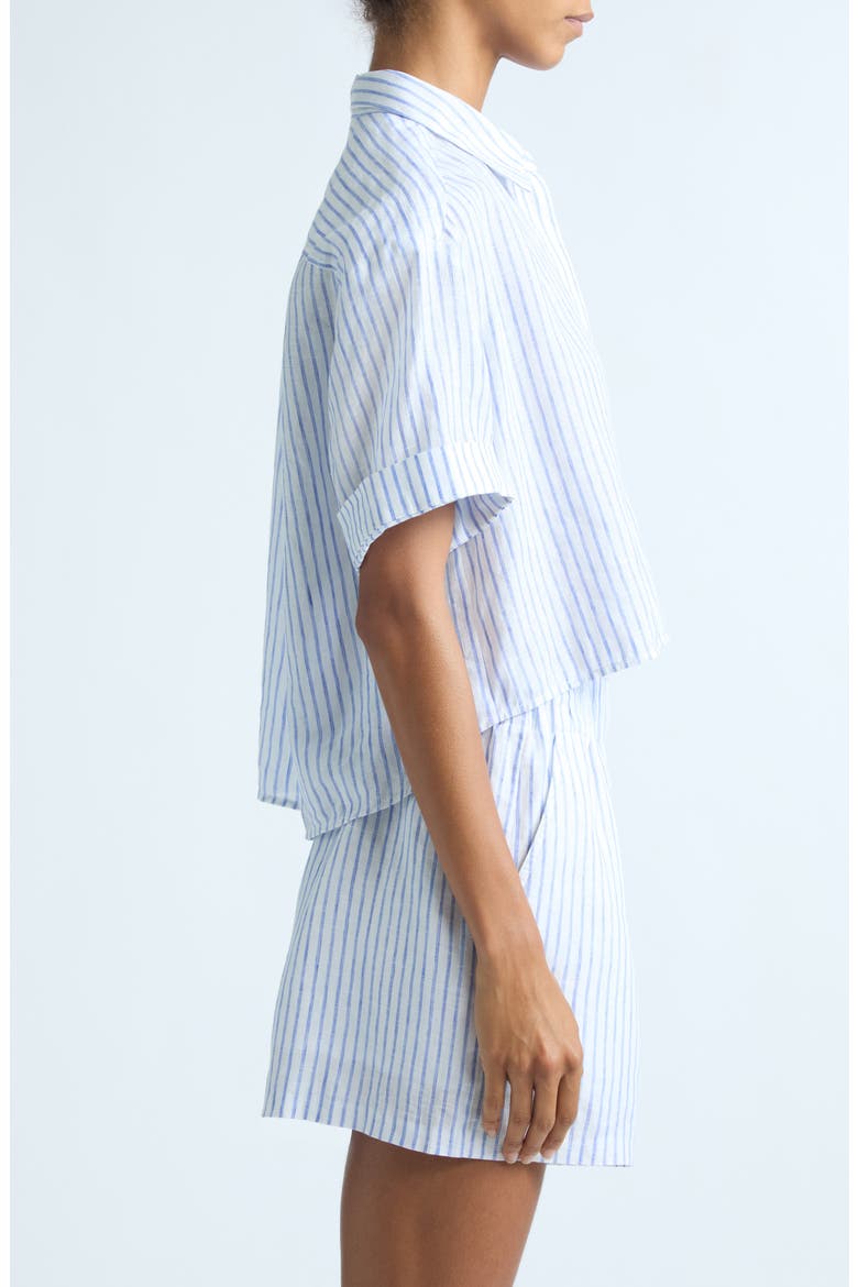 Mel Short Sleeve Button-Up Linen Shirt, Alternate, color, WHITE/ CLASSIC BLUE