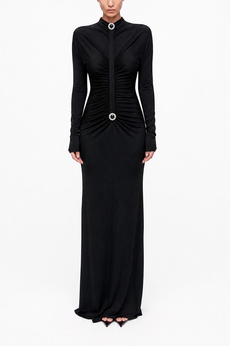 Stone Detail Draped Maxi Dress, Main, color, Black