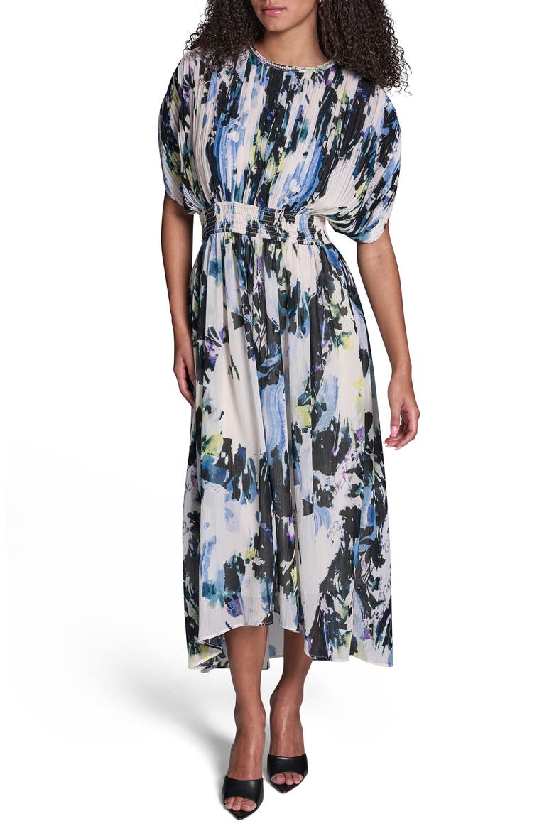 Abstract Print Plissé Chiffon Midi Dress, Main, color, PARCHMENT MULTI