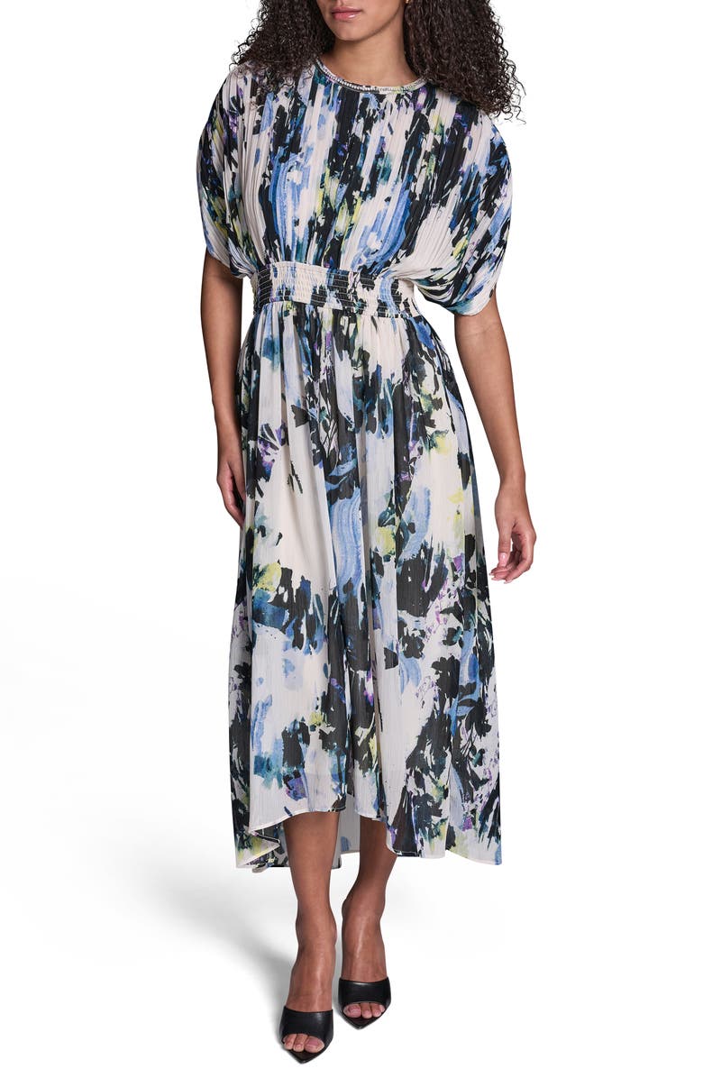 BCBG Abstract Print Plissé Chiffon Midi Dress, Main, color, Parchment Multi
