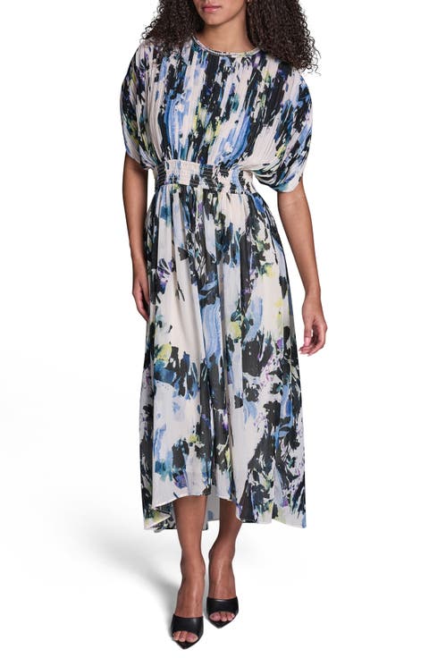 Abstract Print Plissé Chiffon Midi Dress