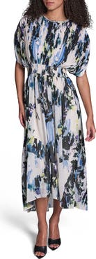 BCBG Abstract Print Plissé Chiffon Midi Dress