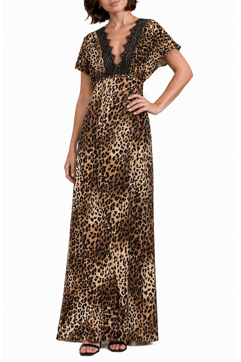 Paige Lace Trim Satin Maxi Dress, Main, color, NIGHT CHEETAH