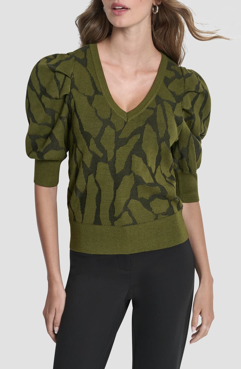 DKNY Texture Puff Sleeve Sweater, Main, color, Dark Olive