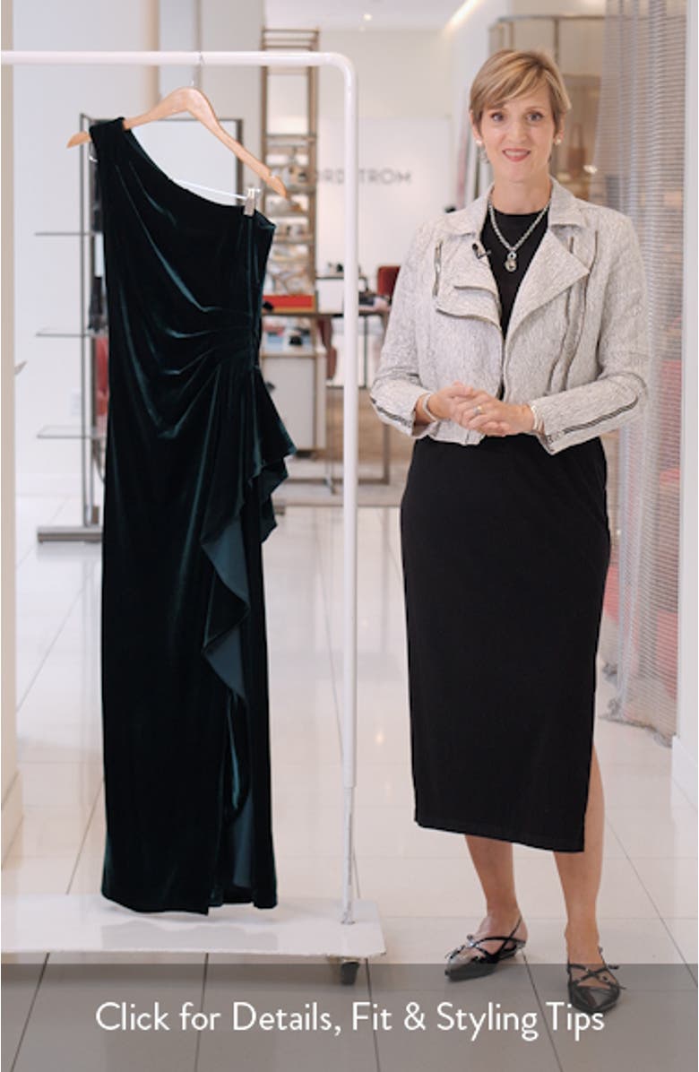One-Shoulder Ruffle Stretch Velvet Gown, sales video thumbnail