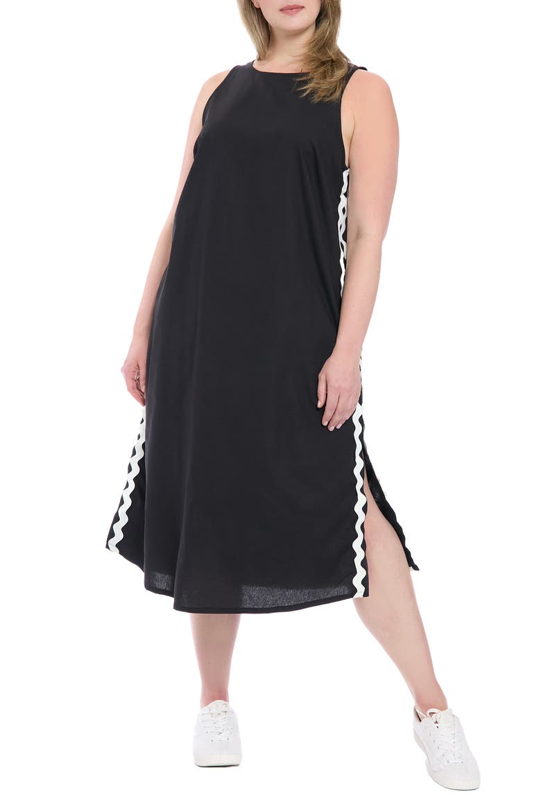 Rickrack Trim Sleeveless Cotton Blend Midi Dress, Main, color, BLACK