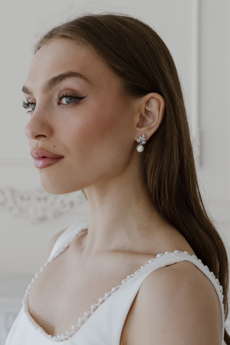 Lennox Pearl and Crystal Earrings, Alternate, color, Metallic Silver