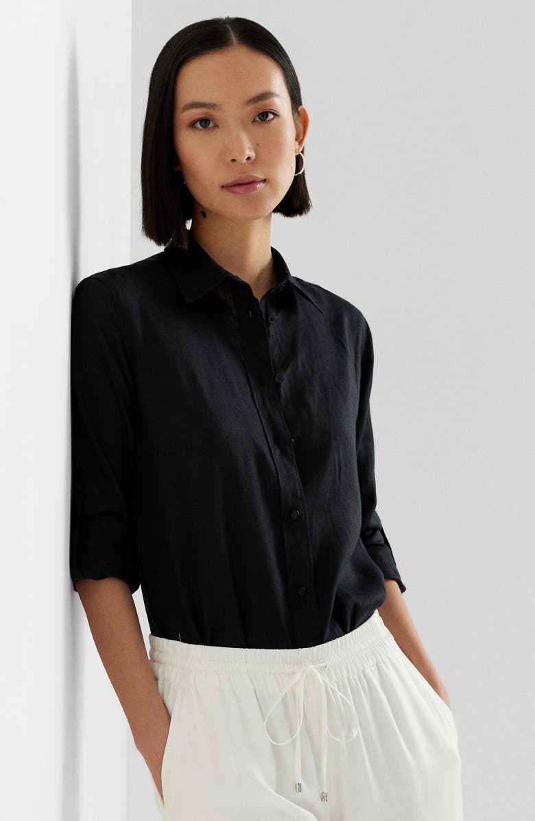 Lauren Ralph Lauren Relaxed Fit Linen Button-Up Shirt, Alternate, color, Polo Black