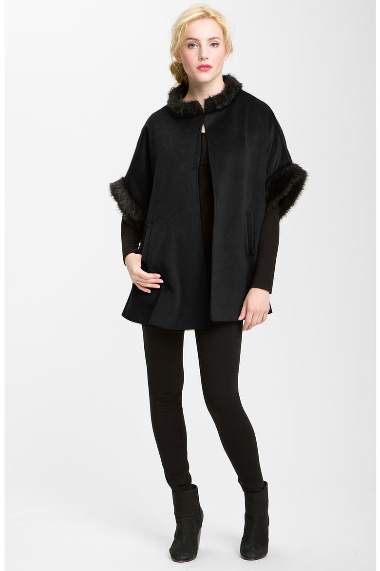 Faux Fur Trim Cape, Alternate, color, BLACK