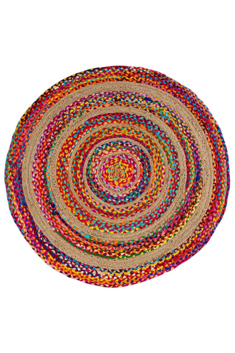 Isla Round Boho Braided Rag & Jute Round Area Rug, Main, color, Multi/Natural