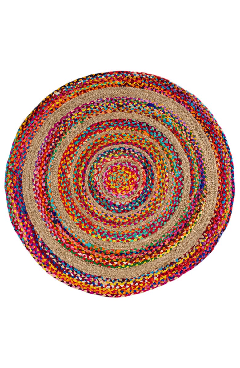 JONATHAN Y Isla Round Boho Braided Rag & Jute Round Area Rug, Main, color, Multi/Natural