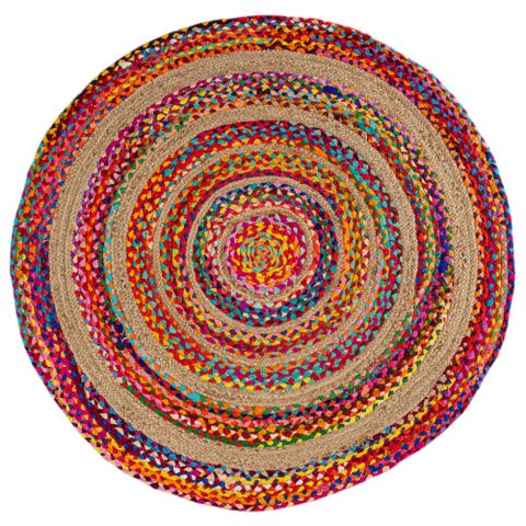 Isla Round Boho Braided Rag & Jute Round Area Rug