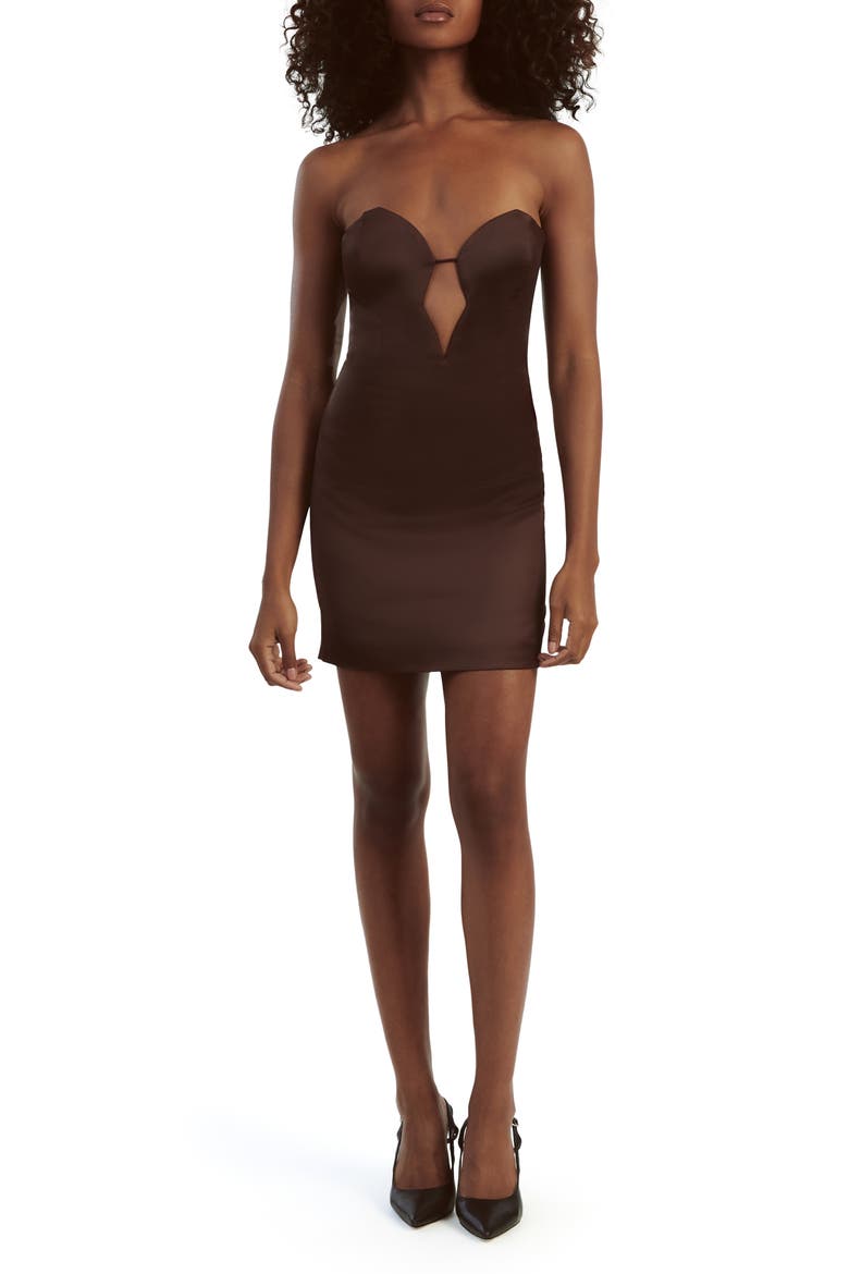 Eleni Plunge Neck Strapless Satin Minidress, Main, color, CHOCOLATE