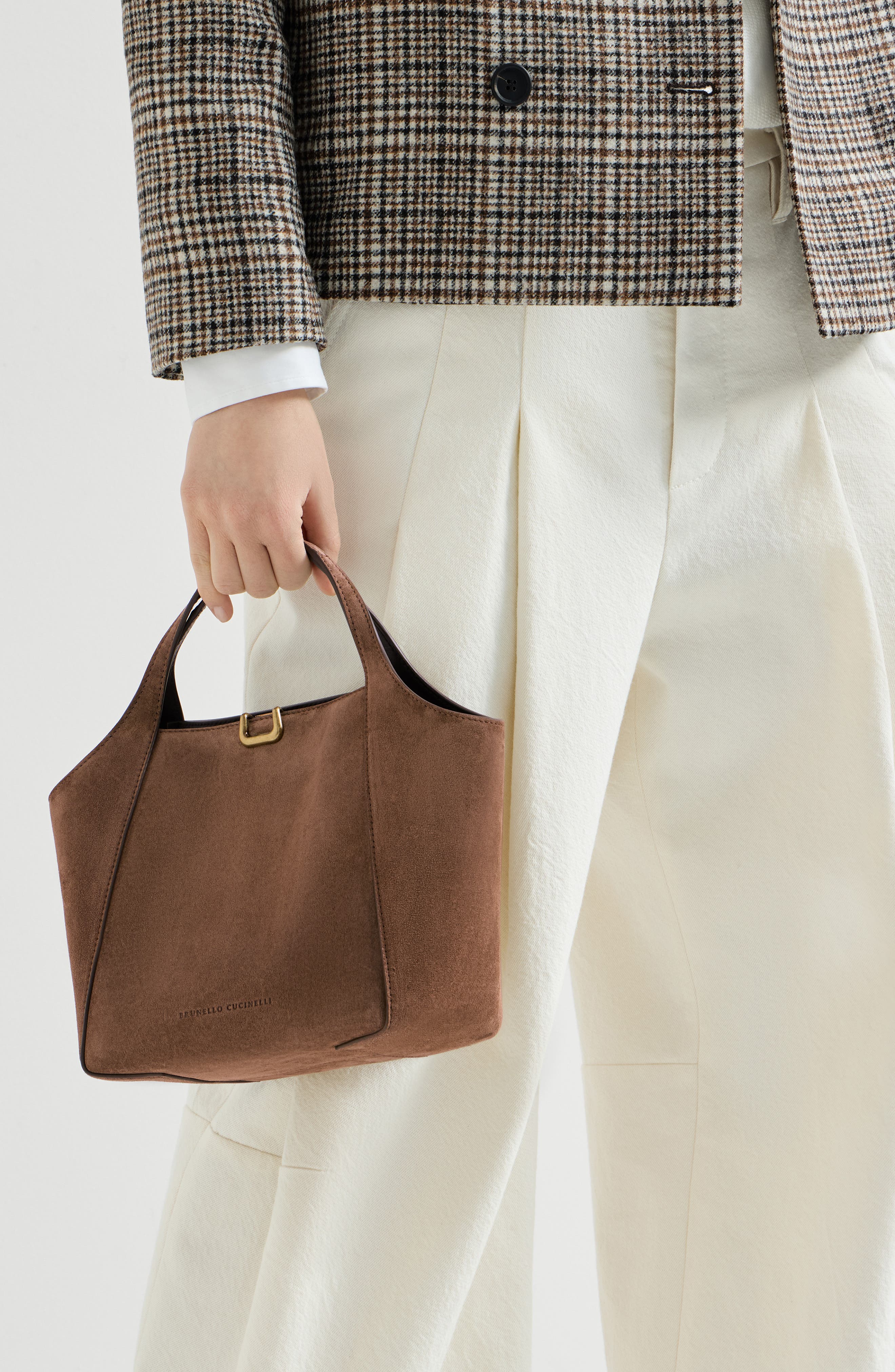 Sartorial small bucket bag in suede, Alternate, color, Caramel