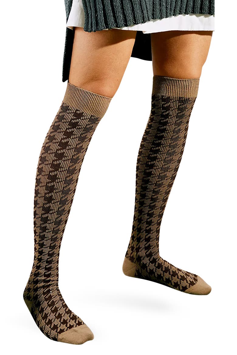 Houndstooth Knee Socks, Main, color, TAN