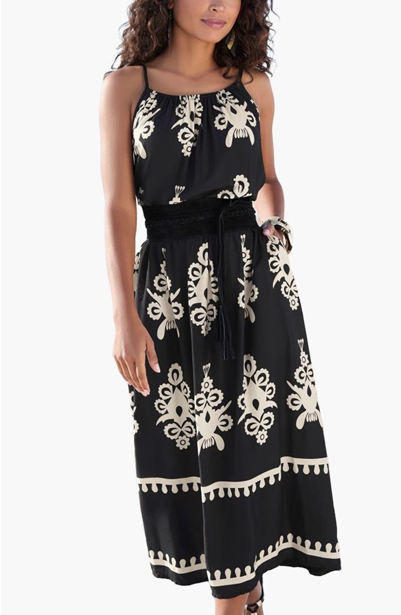 LASCANA Women's Ornamental Print Dress, Main, color, Black & Sand