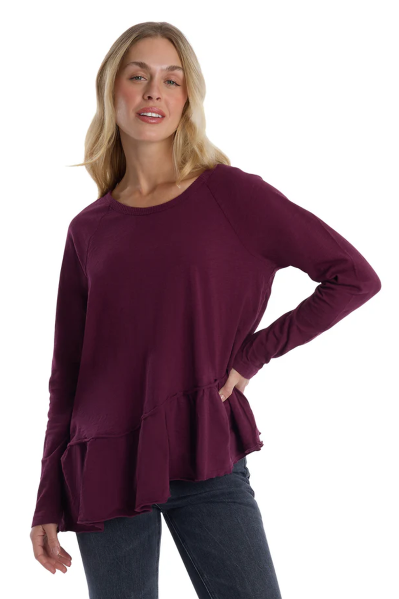 Raglan Long Sleeve Asymmetric Peplum Hem Tee, Alternate, color, Dark Fig