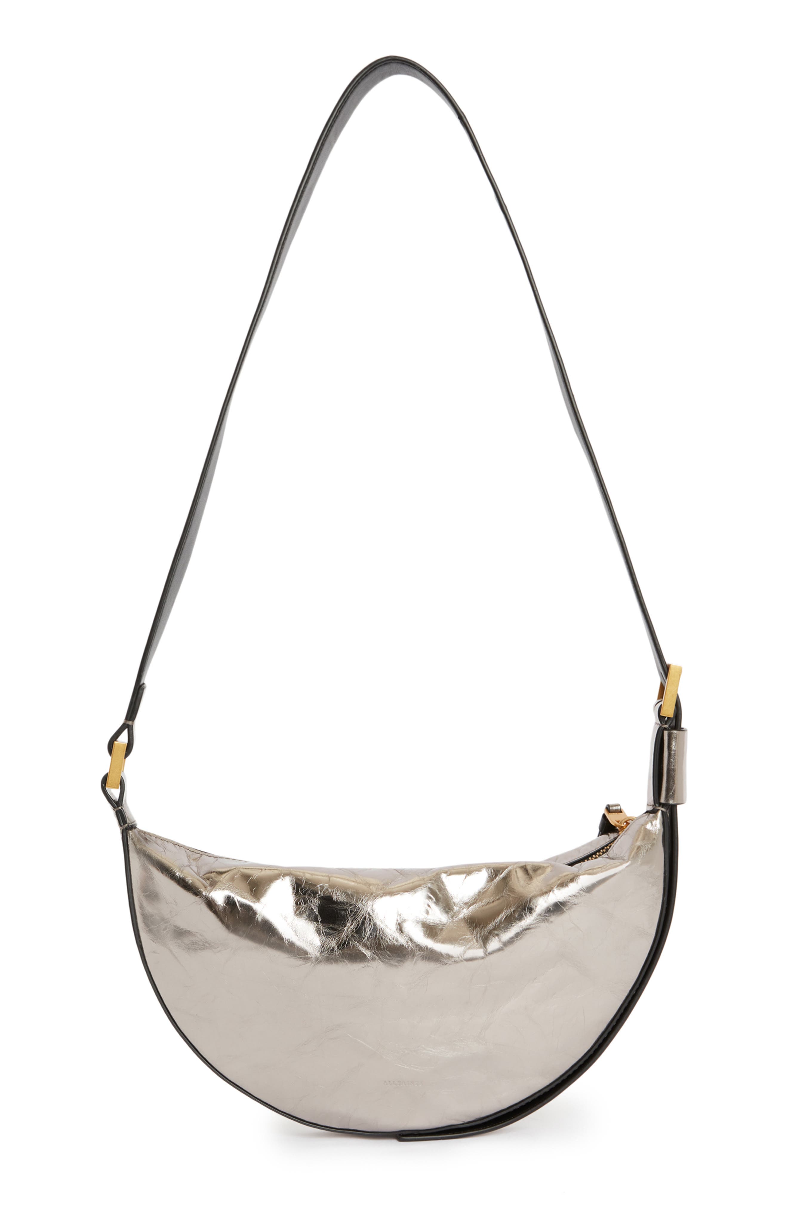 AllSaints Half Moon Metallic Leather Crossbody Bag, Alternate, color, 