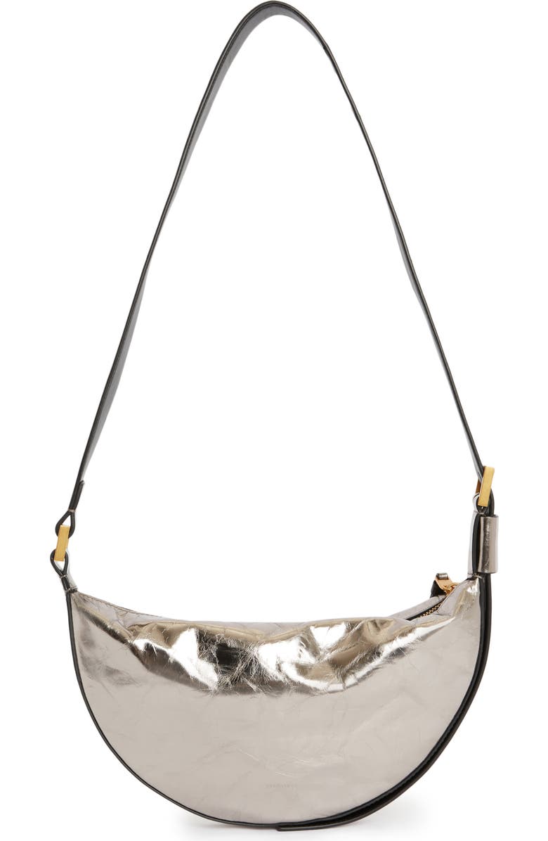 AllSaints Half Moon Metallic Leather Crossbody Bag, Alternate, color,