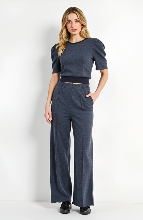 Stretch Waistband Puff Sleeve Knit Top and Wide Leg Pants Set