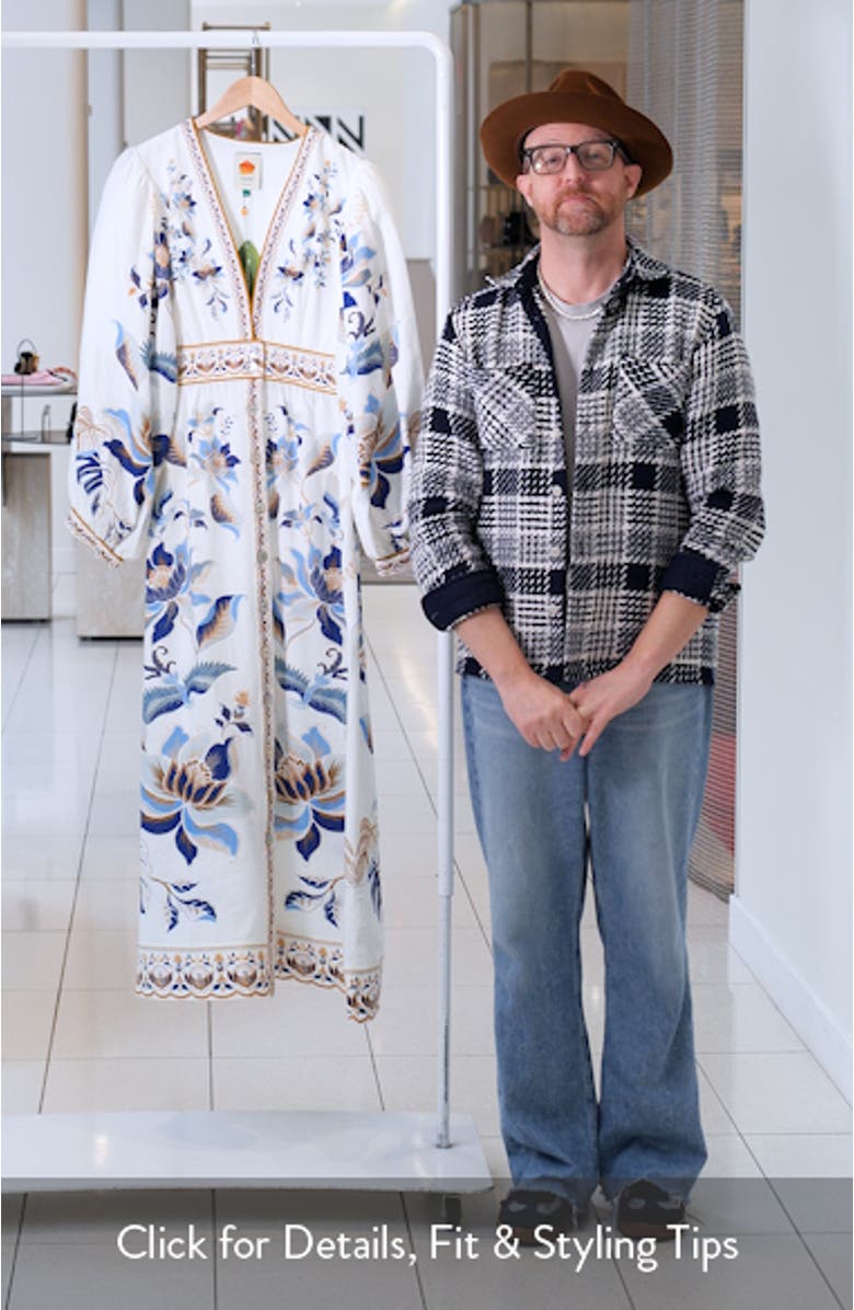 Mystic Blue Lotus Placed Print Long Sleeve Linen Blend Maxi Dress