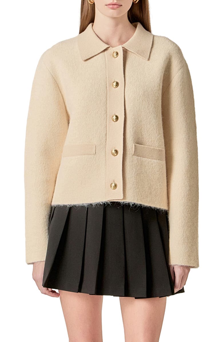 English Factory Contrast Placket Cardigan, Main, color, Cream