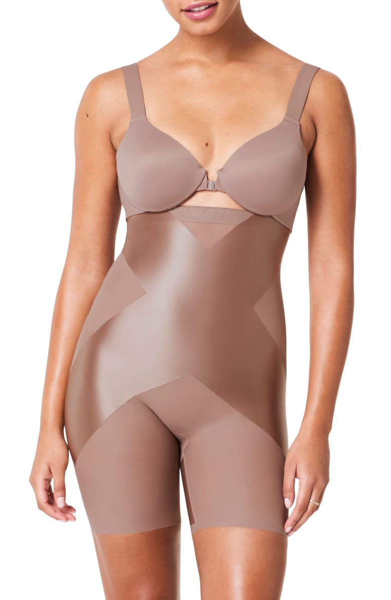SPANX<sup>®</sup> SPANXshape<sup>™</sup> Satin-X<sup>™</sup> High-Waisted Mid-Thigh Shorts, Main, color, Cafe Au Lait