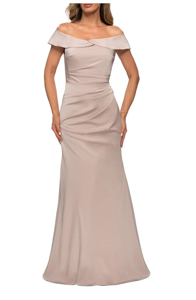 La Femme Off the Shoulder Satin Evening Gown with Ruching, Main, color, Champagne