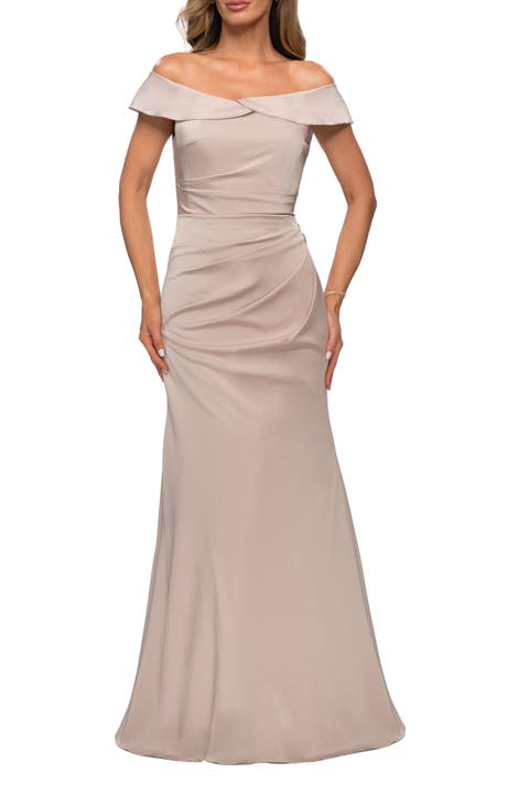 Off the Shoulder Satin Evening Gown with Ruching