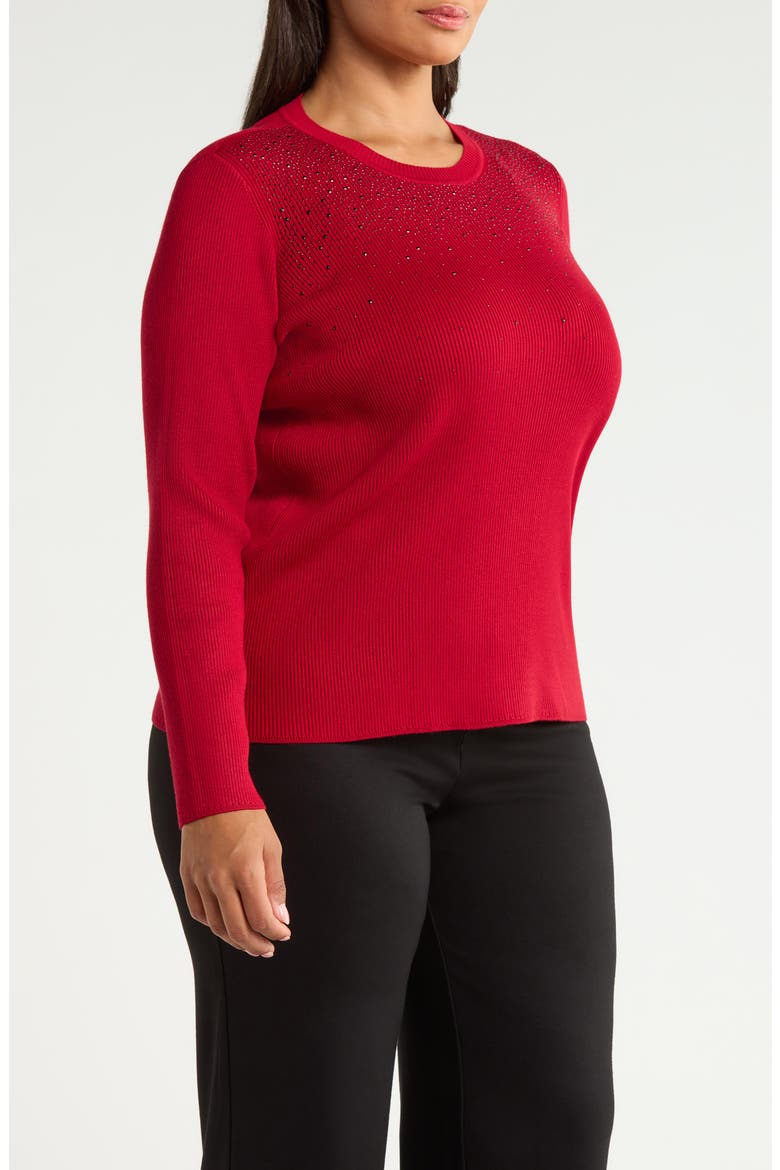 Waterfall Crystal Ribbed Crewneck Sweater, Alternate, color, VERMILLION