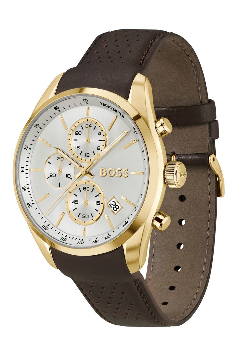 Grand Prix Leather Strap Watch, 44.5mm, Alternate, color, SILVER WHITE