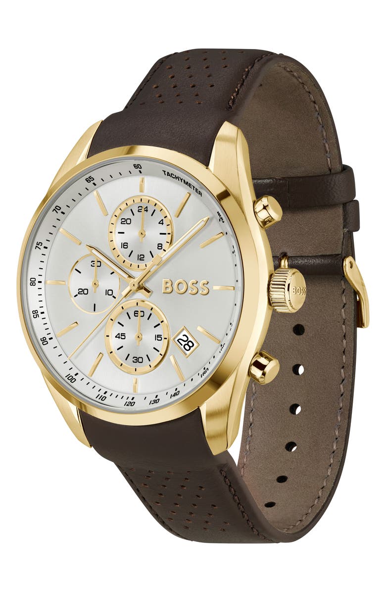 BOSS Grand Prix Leather Strap Watch, 44.5mm, Alternate, color, Silver White