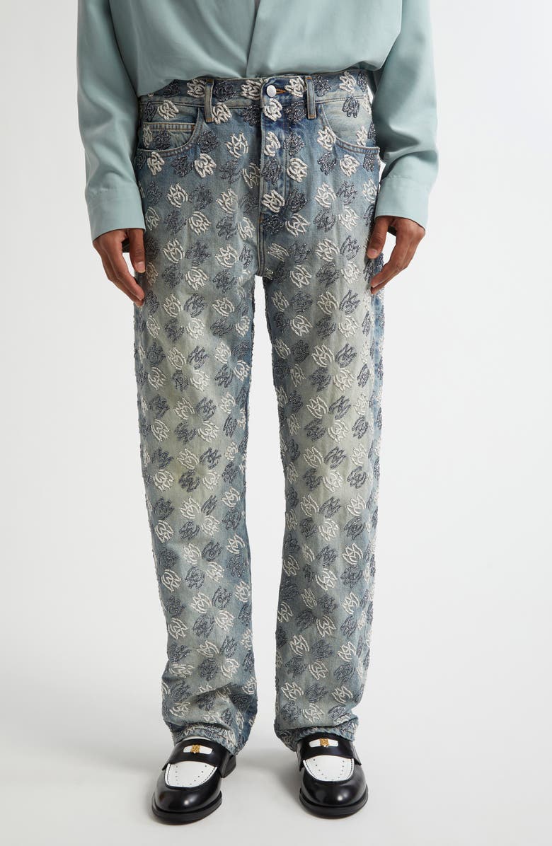 AMIRI Embellished Quad Logo Straight Leg Jeans, Main, color, Antique Indigo