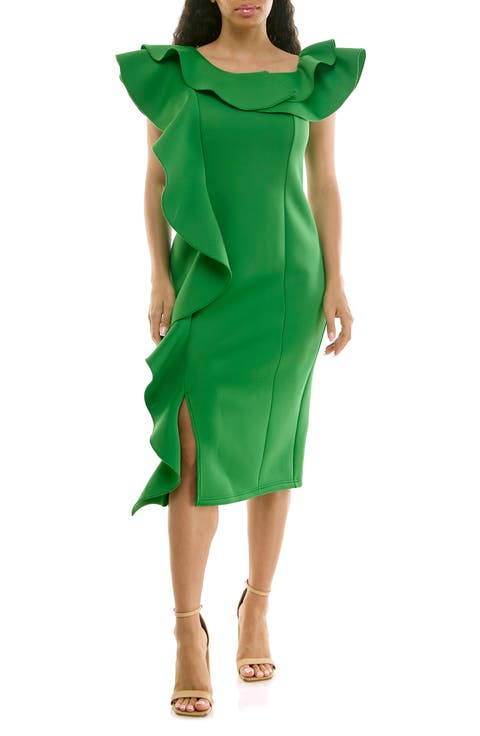 Ruffle One-Shoulder Scuba Knit Sheath Dress