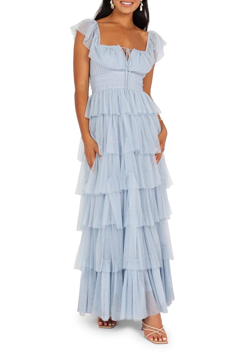 Belle Swiss Dot Tulle Tiered Maxi Dress, Main, color, BLUE