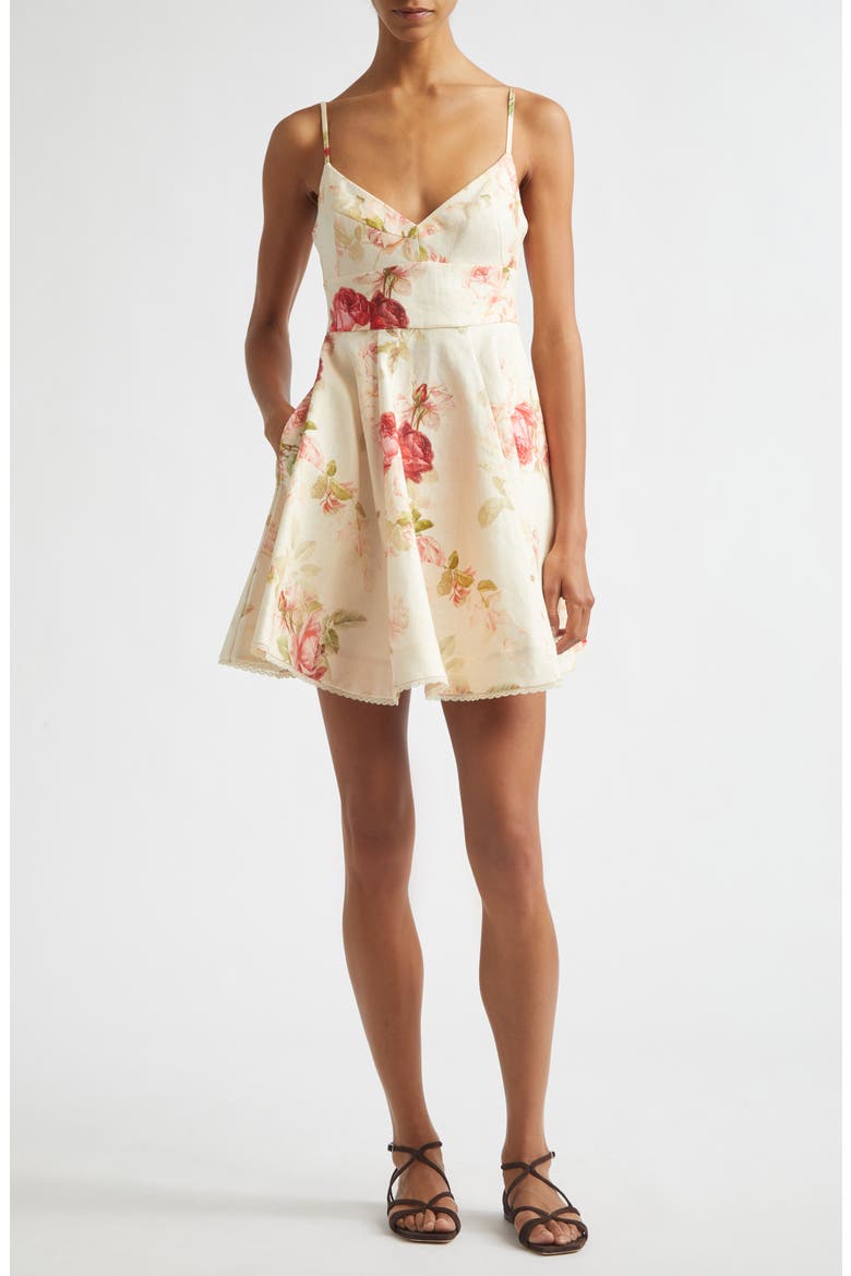 Roselight Picnic Linen & Silk Minidress, Main, color, CREAM ROSE FLORAL