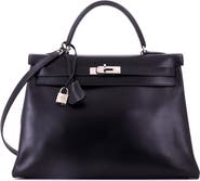 Pre-Owned Hermes Kelly Handbag Black Box Calf with Palladium Hardware 35